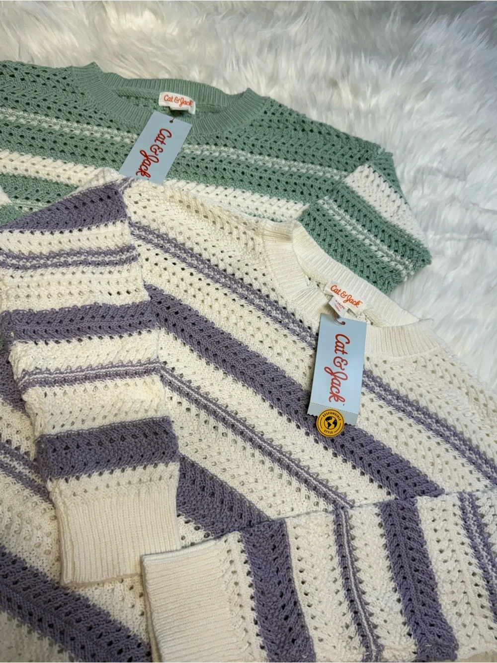 Cat & Jack Kids' Striped Crochet Sweater - Cream & Lavender size 6/7